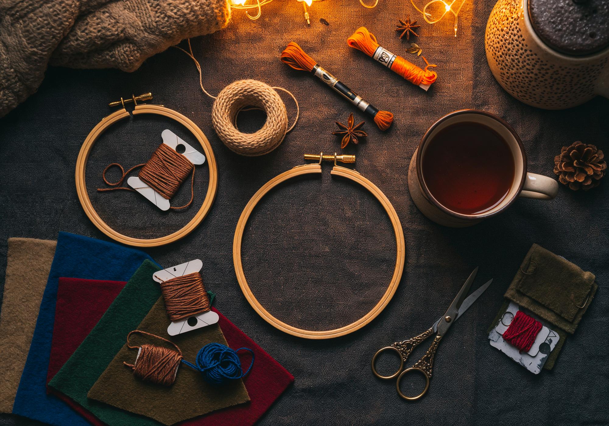 atelier workbench with hoops and threads